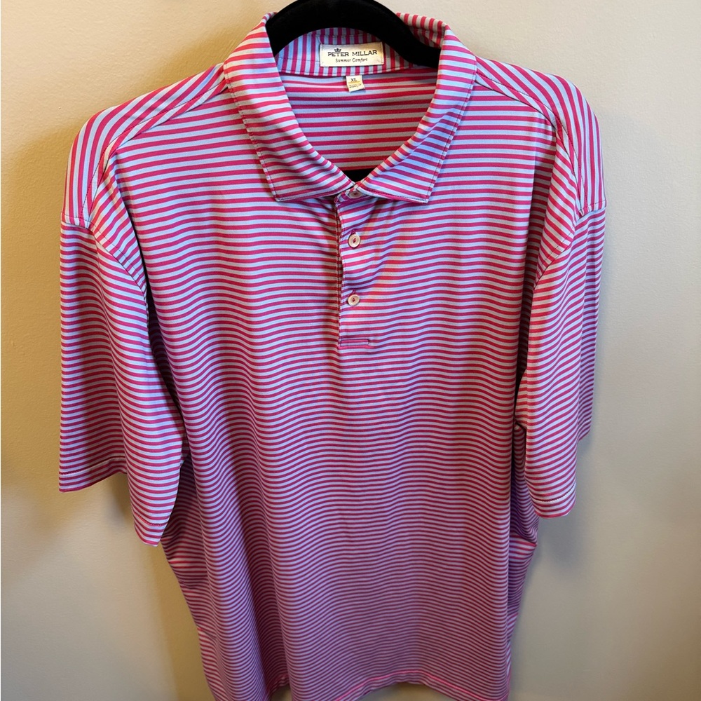 Peter Millar Men's Polo Shirt in Pink and White Stripes